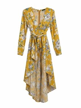 SHEIN Yellow Floral Wrap High-Low Dress